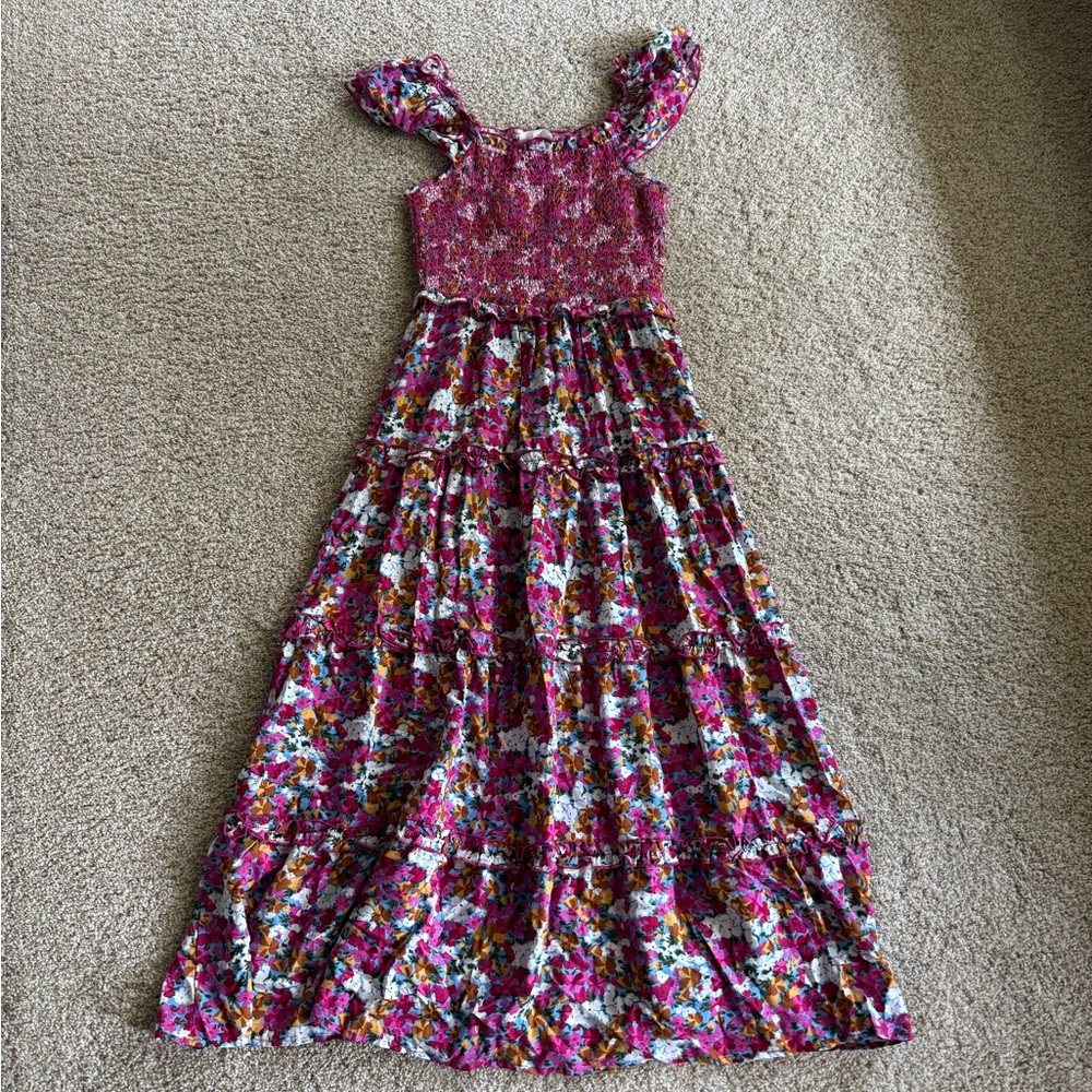 Red Smocked Midi Sundress with Puff Cap Sleeves